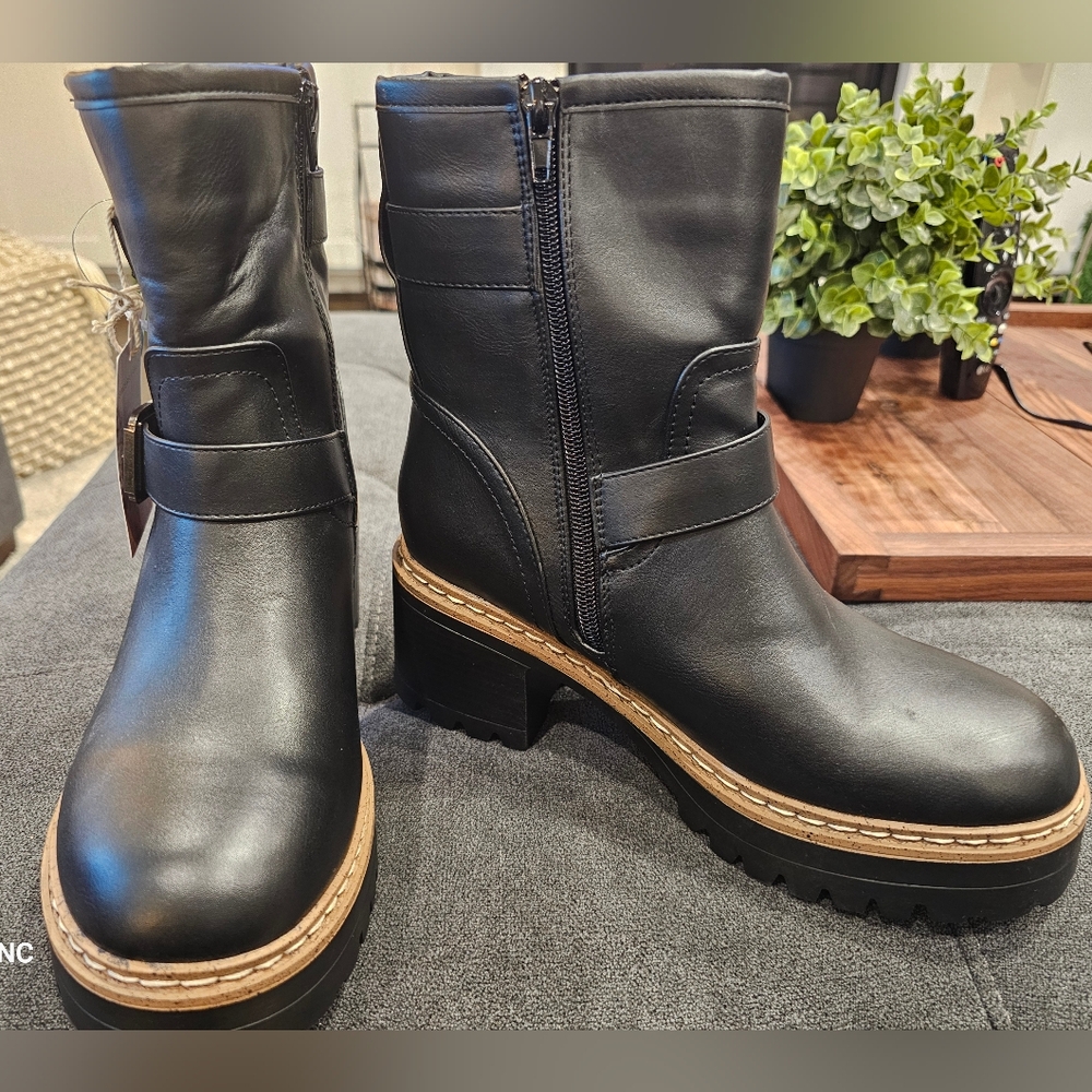Sincerely Jules Black Biker/Platform Boots Esprit MARISSE 3” Heels Side Zip NWT.